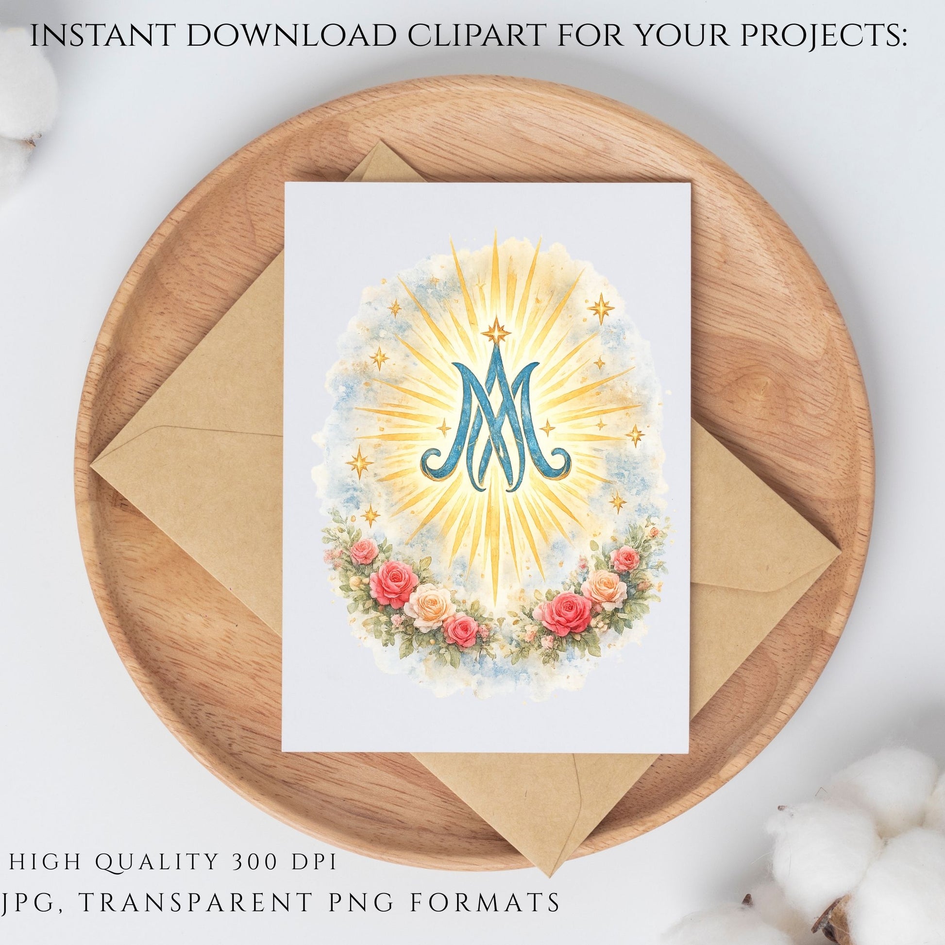 Catholic devotional clipart of Our Lady of Guadalupe in watercolor style | Clipart devocional católico de Nuestra Señora de Guadalupe en acuarela
