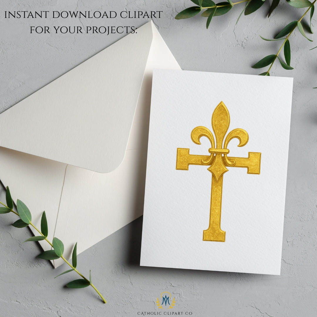 Elegant golden Catholic crosses with decorative details for wedding invitations and religious artwork | Elegantes cruces católicas doradas con detalles decorativos para invitaciones de boda y arte religioso