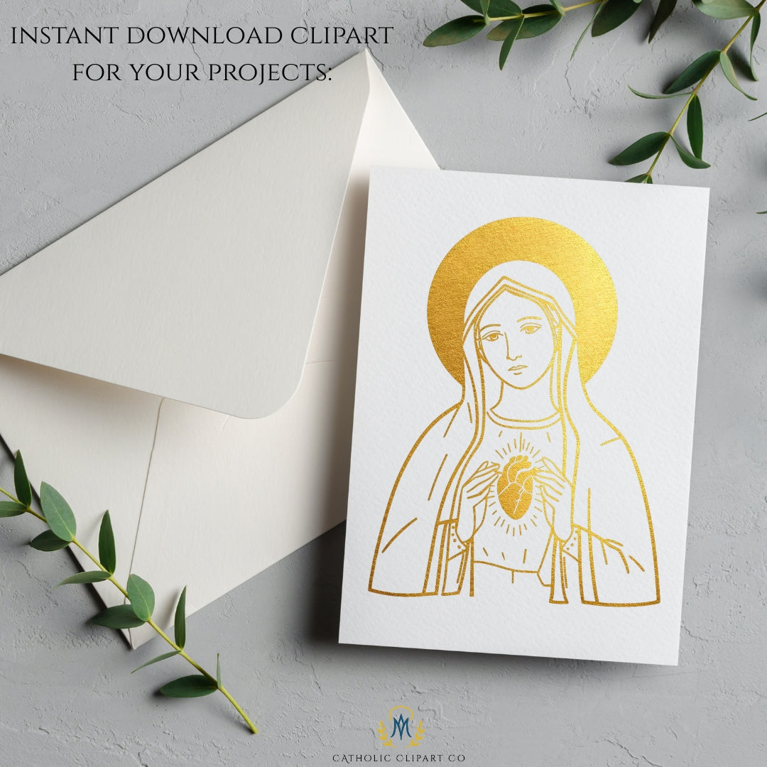 Virgin Mary Clipart PNG Bundle featuring gold Catholic Mary artwork, Our Lady illustrations, and Marian religious graphics for Christian design projects. 