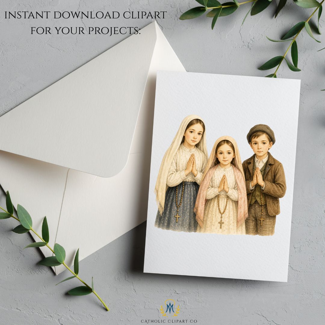 Our Lady of Fatima full body clipart with soft watercolor and gold halo, Virgin Mary Catholic PNG, clipart Virgen María de Fátima cuerpo completo estilo acuarela
