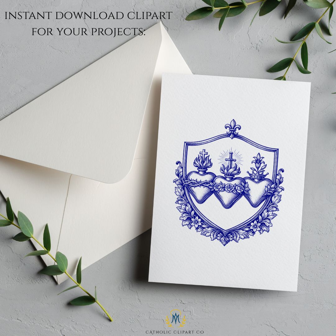 Catholic blue sacred heart PNG set with royal engraving style / Set PNG católico azul de sagrados corazones con estilo grabado real