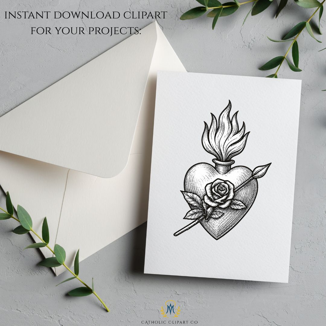 Catholic Sacred Heart engraving clipart set with flames, crosses, and devotional symbols. / Set de clipart de grabados de Sagrados Corazones católicos con llamas, cruces y símbolos devocionales.