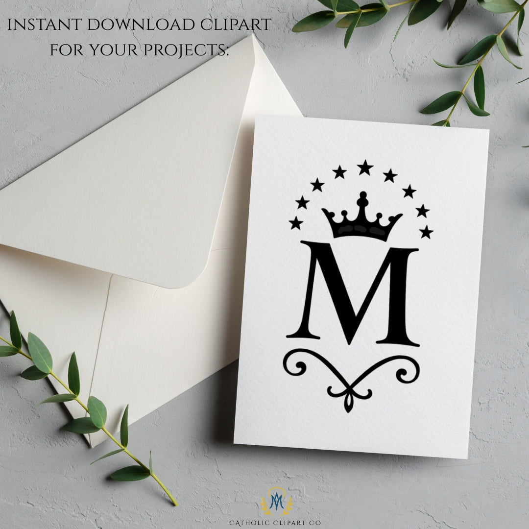 Catholic Marian monogram clipart set with crown and cross symbols