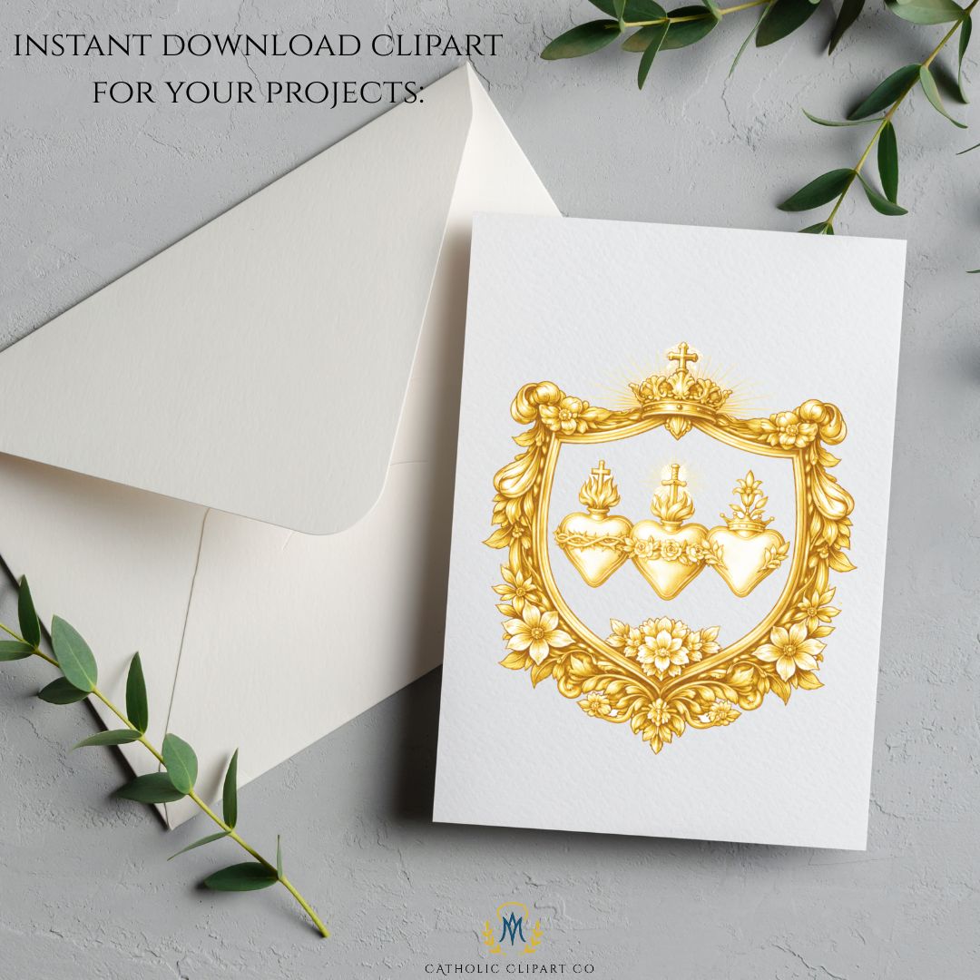 Sacred Heart of Jesus, Immaculate Heart of Mary and St Joseph Heart gold Catholic clipart PNG files | Sagrado Corazón de Jesús, Inmaculado Corazón de María y Corazón de San José en diseño dorado PNG católico