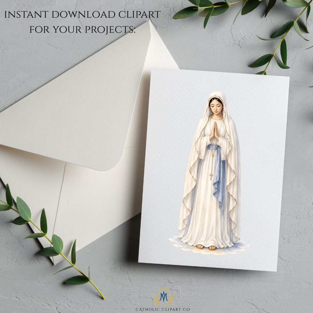 Soft watercolor Virgin Mary portrait inspired by Our Lady of Akita