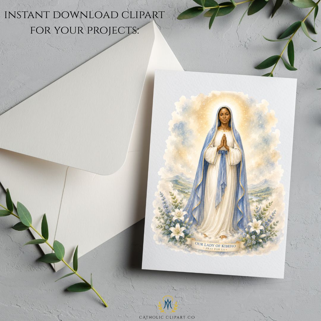 Catholic Marian apparition clipart inspired by Rwanda watercolor art