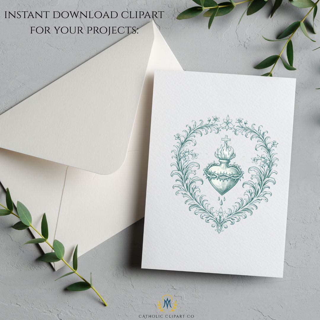 Vintage Sacred Heart Catholic emblem clipart with cross flame and crown of thorns PNG
