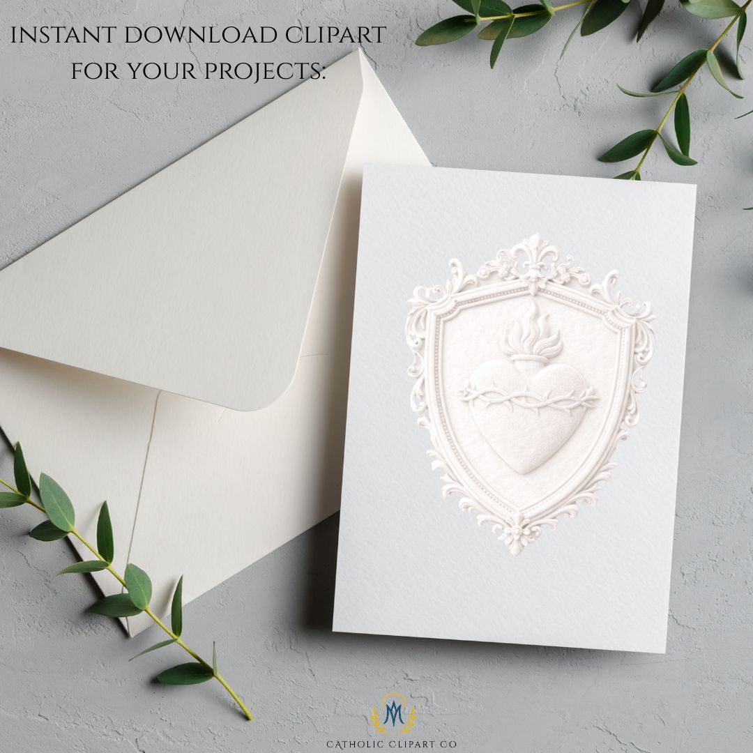 Immaculate Heart of Mary embossed white religious clipart / Corazón Inmaculado de María en relieve blanco clipart religioso