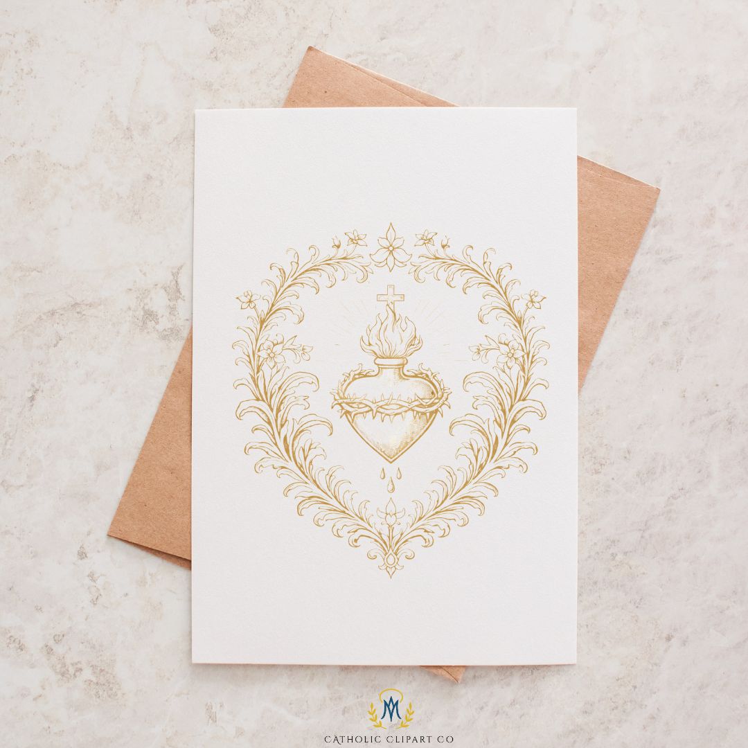Gold Sacred Heart Clipart PNG Bundle, Catholic Sacred Heart Emblems, Vintage Religious Crest PNG, Commercial Use Cliparts