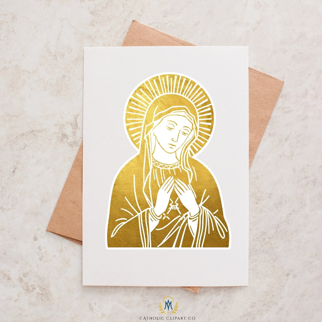 Elegant gold Catholic Mary clipart pack with transparent PNG images for prayer cards, church graphics, religious wall art, stickers, and Canva templates.
