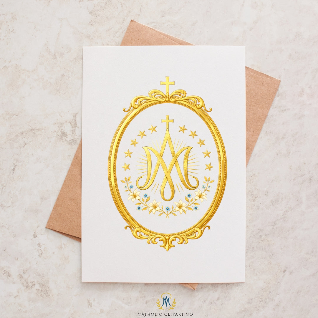 Marian Crest Clipart Set | Gold Marian M Monogram, Catholic Frame & Halo Symbols, Virgin Mary PNG
