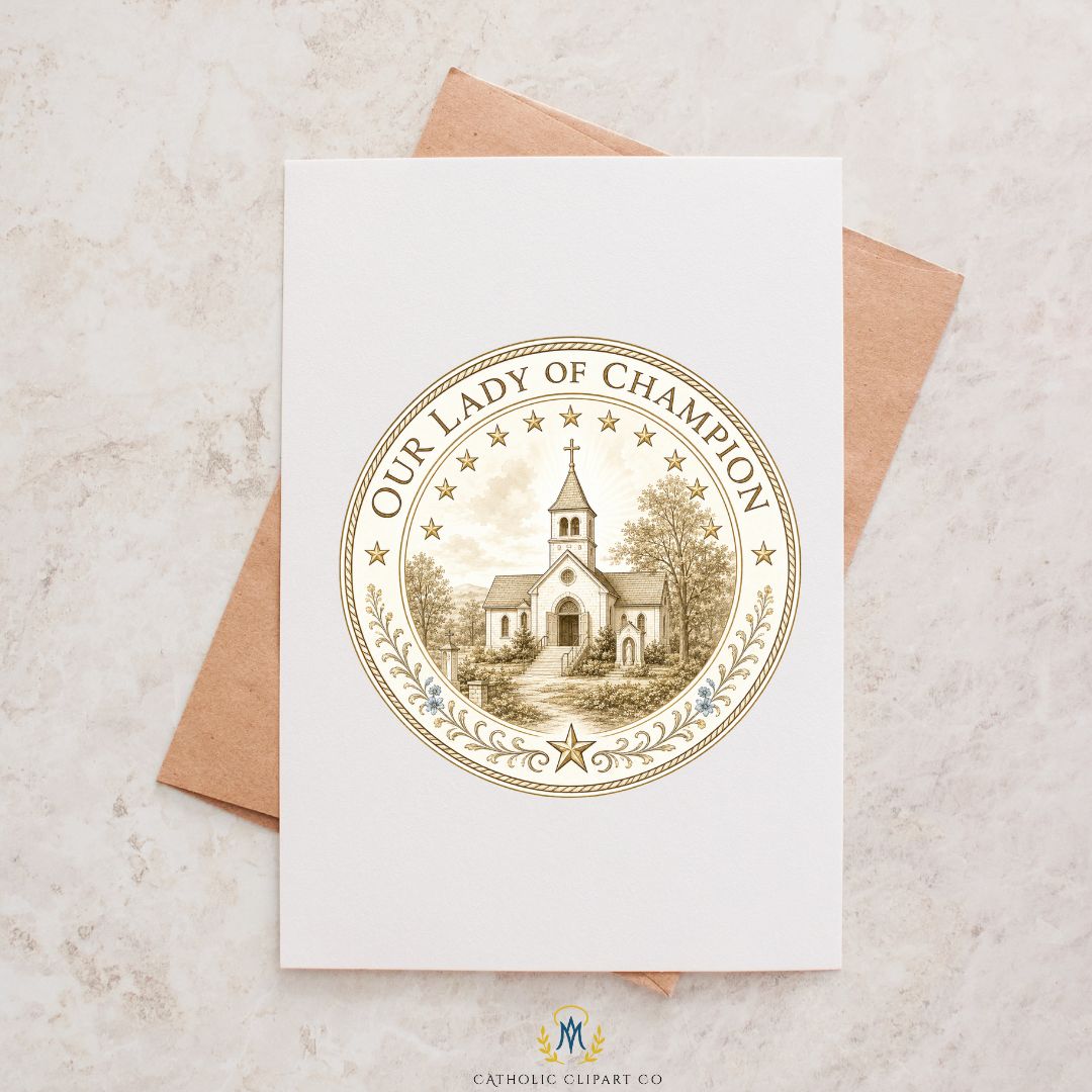 Religious Virgin Mary PNG bundle with Our Lady of Champion artwork for prayer cards invitations and Catholic crafts