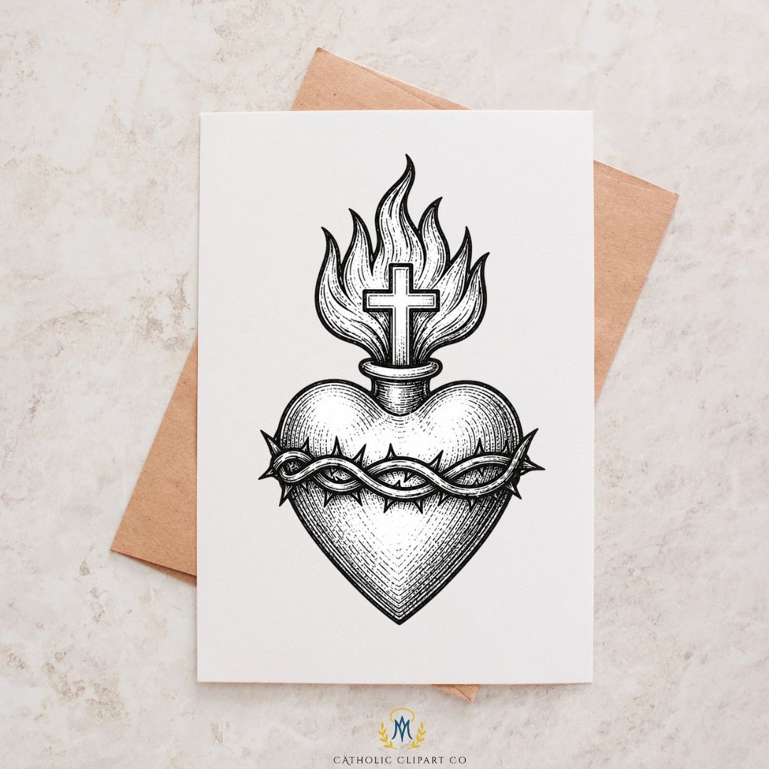Black and white Sacred Heart illustrations in vintage engraving aesthetic for creative projects. / Ilustraciones de Sagrados Corazones en blanco y negro con estética de grabado vintage para proyectos creativos.
