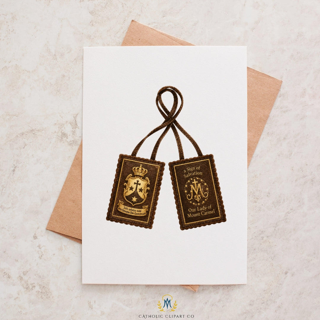 Vintage Catholic clipart bundle inspired by Our Lady of Mount Carmel and Brown Scapular devotion for prayer cards and printables. 