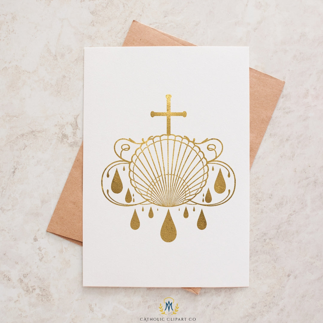 Baptism clipart on a white rectangular card featuring a gold foil illustration of a dove in flight positioned above a vertical torch with a flame. The text INSTANT DOWNLOAD CLIPART FOR YOUR PROJECTS, HIGH QUALITY 300 DPI, JPG, TRANSPARENT PNG FORMATS appears.