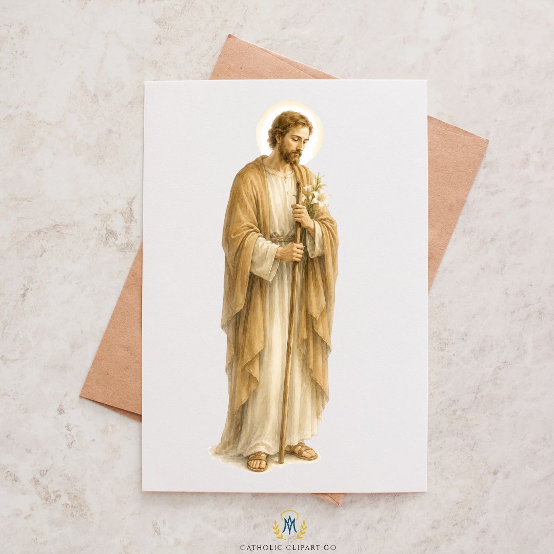 Elegant Catholic clipart set with Marian apparition figures and rustic stone church