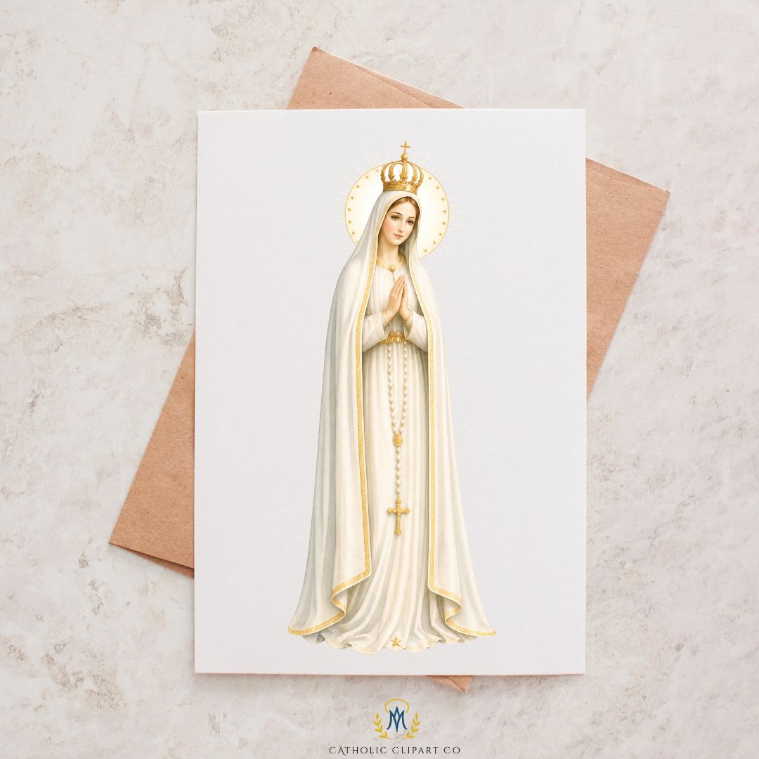 Our Lady of Fatima minimalist clipart, Virgin Mary PNG with soft glow halo and rosary, Catholic religious clipart, clipart Virgen de Fátima minimalista con rosario