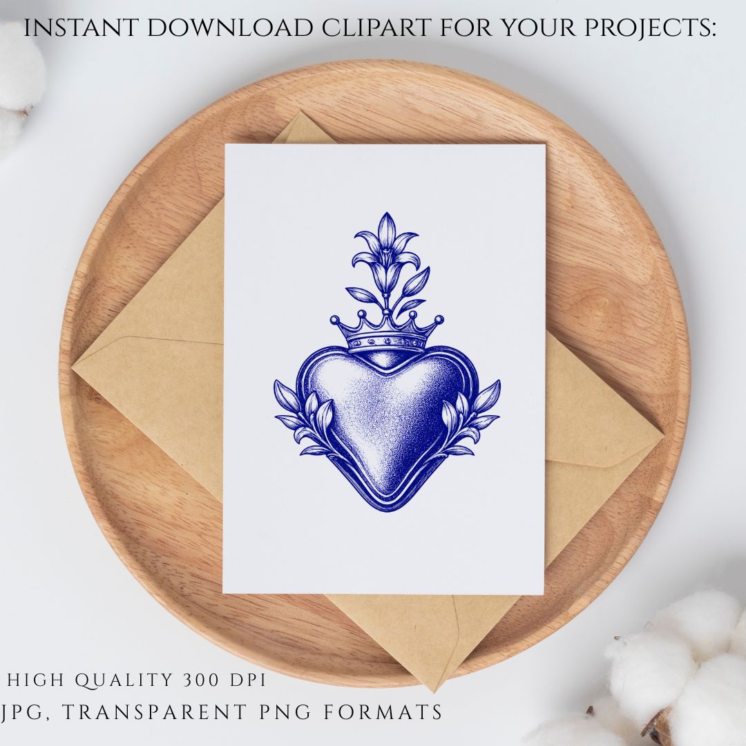 Blue Sacred Hearts Clipart PNG Bundle, Sacred Heart of Jesus Mary Joseph Clipart, Catholic Blue Crest Clipart, Commercial Use