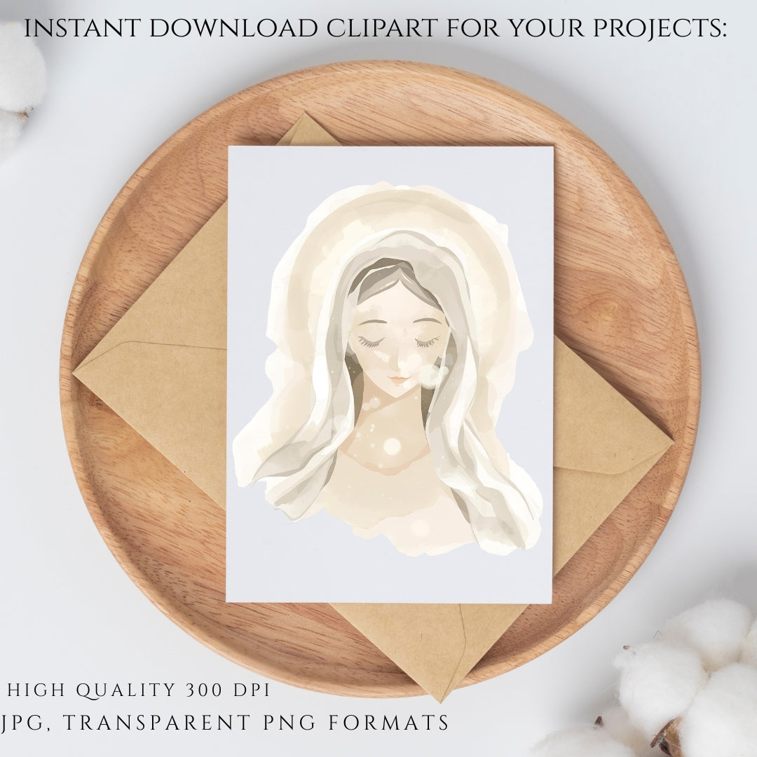 Soft watercolor Marian illustration featuring the Blessed Virgin Mary for Catholic invitations, nursery art, and faith-based crafts. / Ilustración mariana en acuarela suave de la Santísima Virgen María para invitaciones católicas, arte infantil y manualidades de fe.