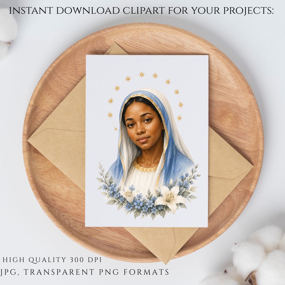 Virgin Mary watercolor PNG with soft gold glow and lilies