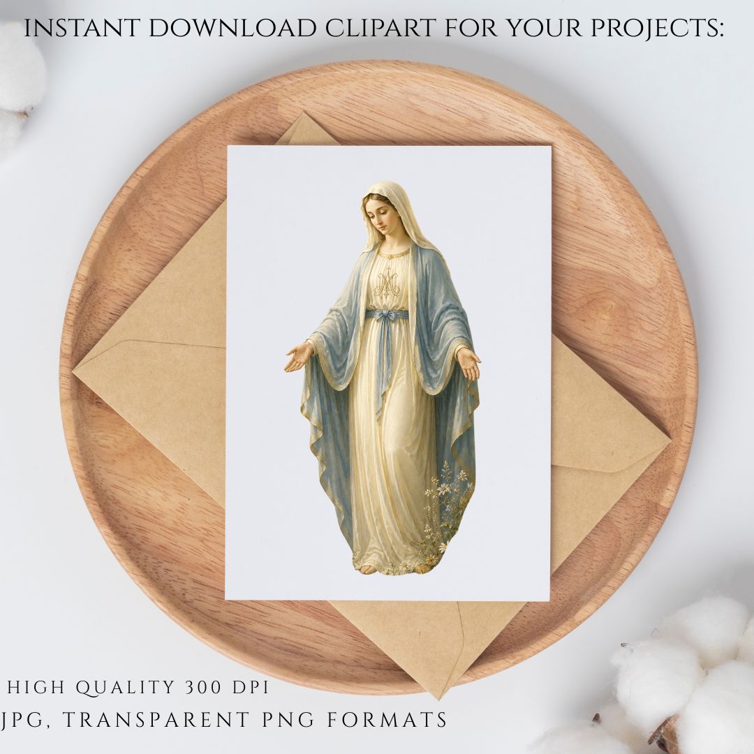 Virgen María clipart católico inspirado en Nuestra Señora de Champion con tonos marianos azules y dorados PNG