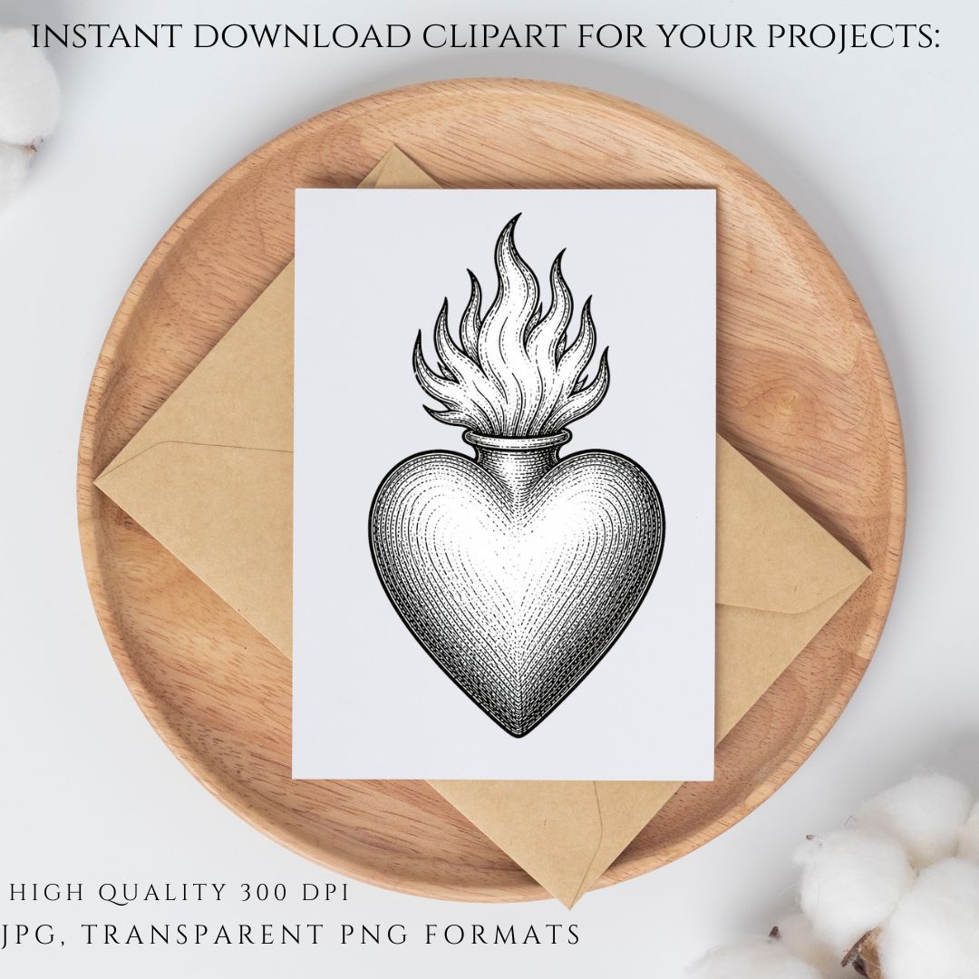 Sacred Heart Clipart PNG Bundle, Vintage Catholic Engravings, Religious Graphics, Commercial Use