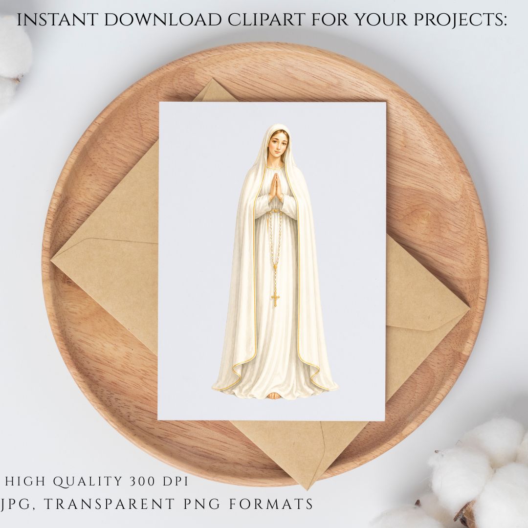 Our Lady of Fatima side pose clipart, elegant Virgin Mary watercolor with gold tones and rosary, Catholic clipart, Virgen María de Fátima en pose lateral estilo elegante