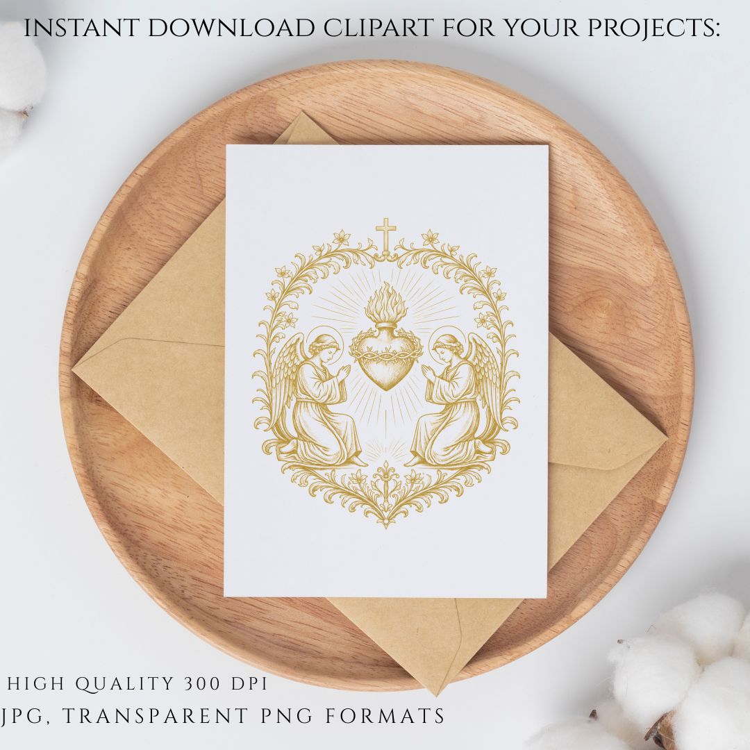 Gold Sacred Heart Clipart PNG Bundle, Catholic Sacred Heart Emblems, Vintage Religious Crest PNG, Commercial Use Cliparts