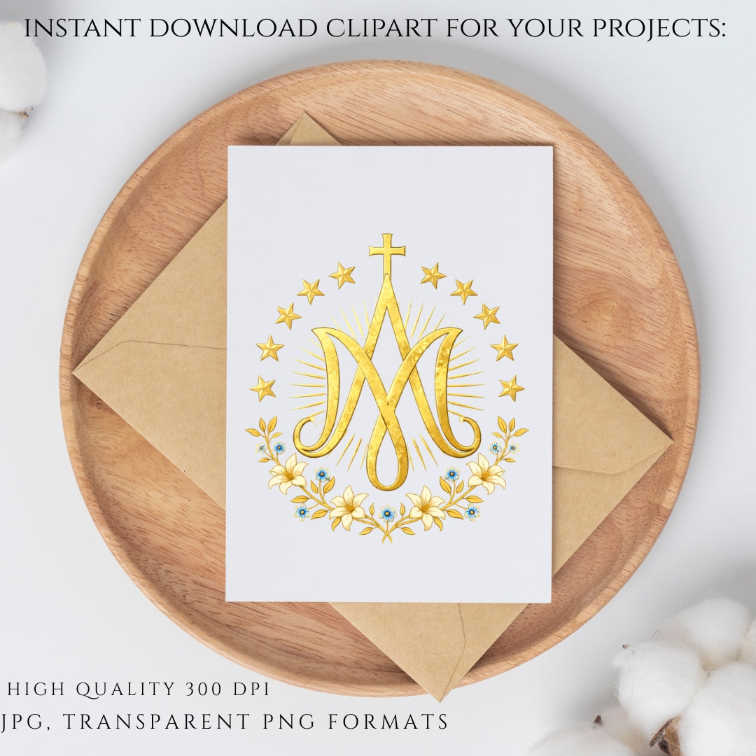 Marian Crest Clipart Set | Gold Marian M Monogram, Catholic Frame & Halo Symbols, Virgin Mary PNG