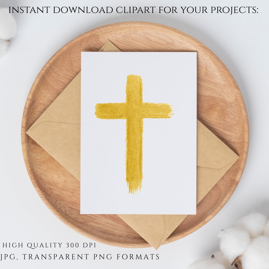 Ornate gold cross PNG and JPG digital clipart for Catholic invitations, sacrament stationery, and church designs | Clipart digital PNG y JPG de cruz dorada ornamentada para invitaciones católicas, sacramentos y diseños de iglesia