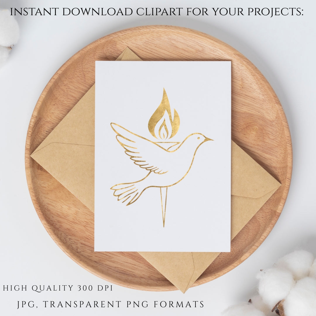 May include: A white greeting card featuring a gold foil illustration of a scallop shell centered beneath a cross, surrounded by stylized teardrop shapes. The card is positioned on top of a tan envelope. The text CATHOLIC CLIPART CO is at the bottom.