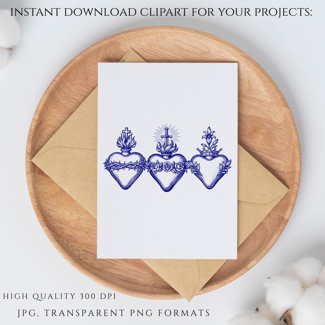 Sacred Heart of Jesus blue clipart with crown of thorns / Clipart azul del Sagrado Corazón de Jesús con corona de espinas