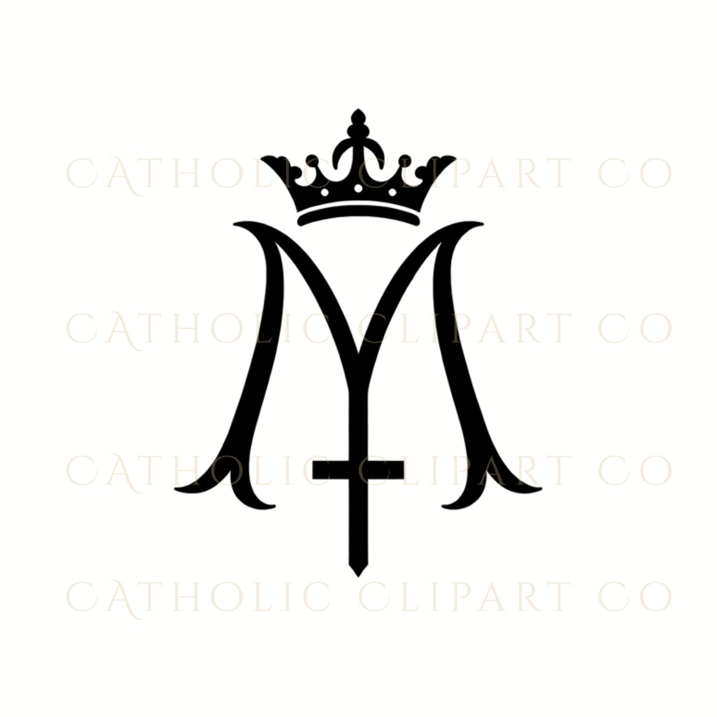 Black Marian Monogram Clipart PNG | Catholic Auspice of Mary M Logo, Crown & Cross Symbols | Commercial Use Religious Art