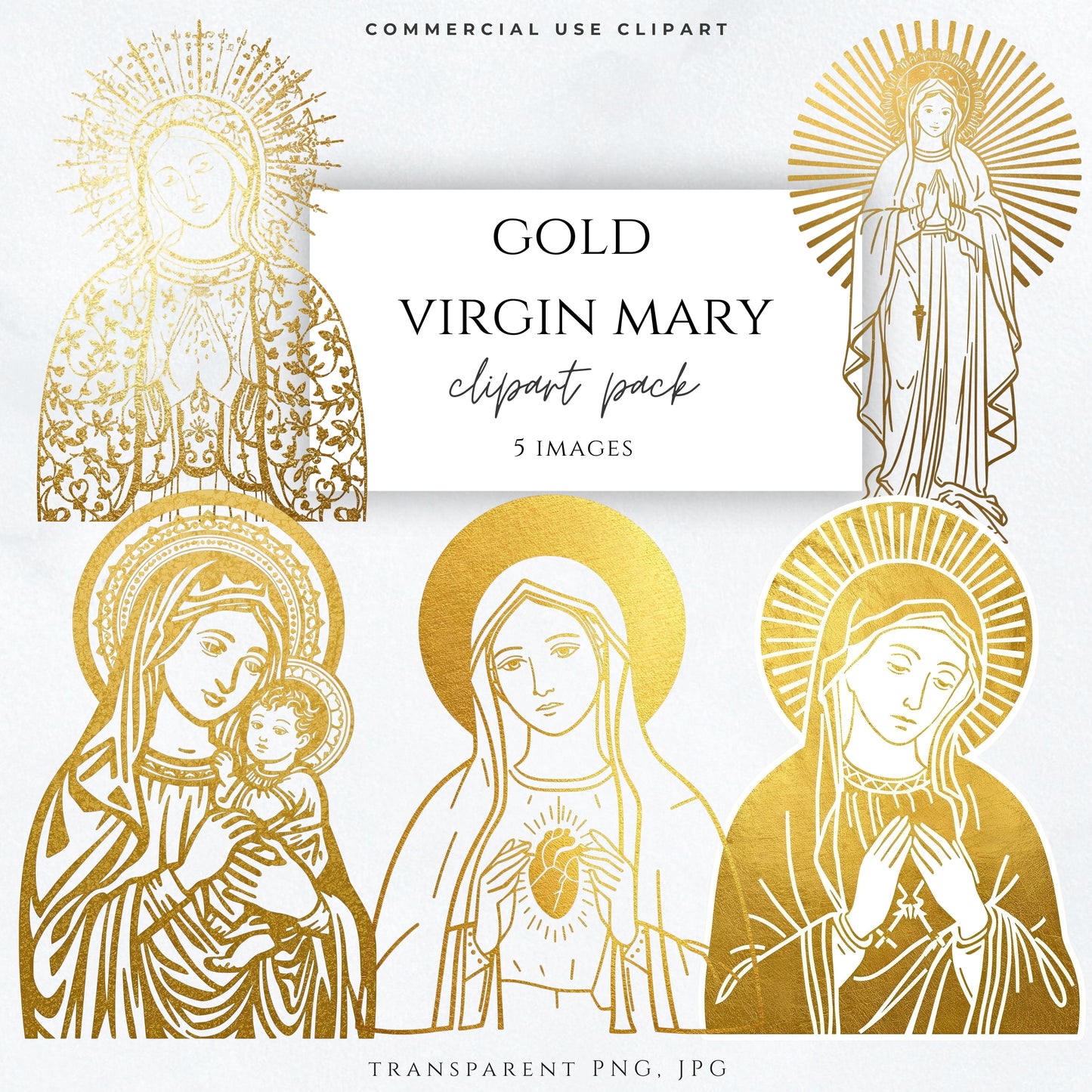 Gold Virgin Mary clipart PNG bundle with Catholic Marian images for prayer cards, baptism designs, First Communion printables, invitations, and religious commercial use. 