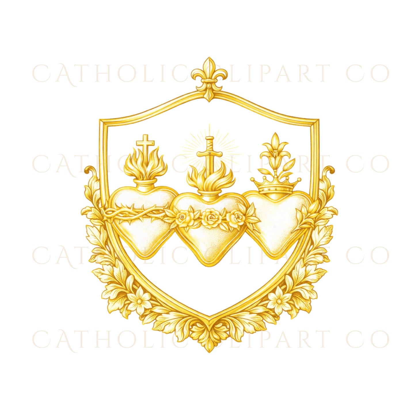Sacred Hearts of Jesus Mary Joseph Clipart PNG | Gold Catholic Crest Designs for Wedding Invitations & Parish Logos
