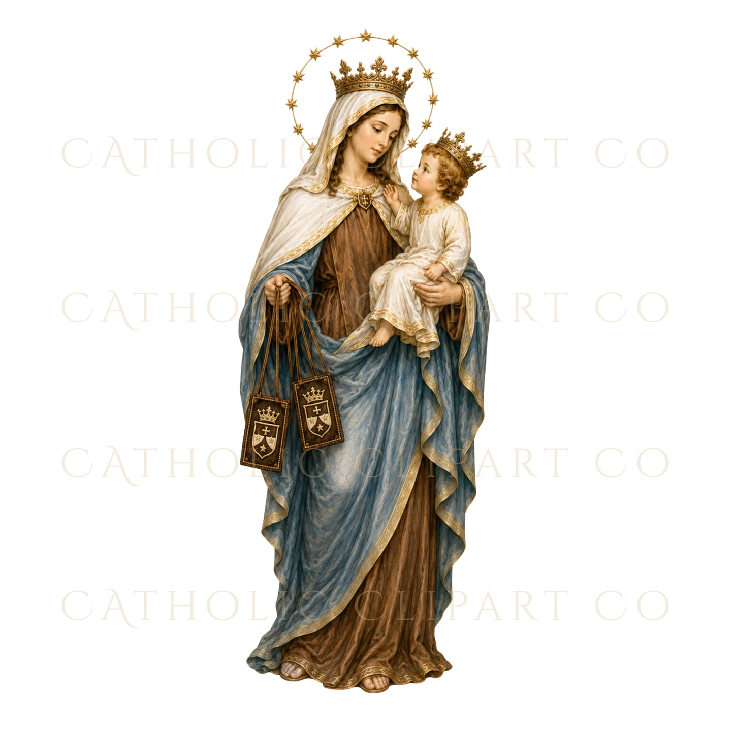 Our Lady of Mount Carmel Clipart PNG Bundle, Brown Scapular Catholic Mary Clipart, Virgen del Carmen Religious Graphics
