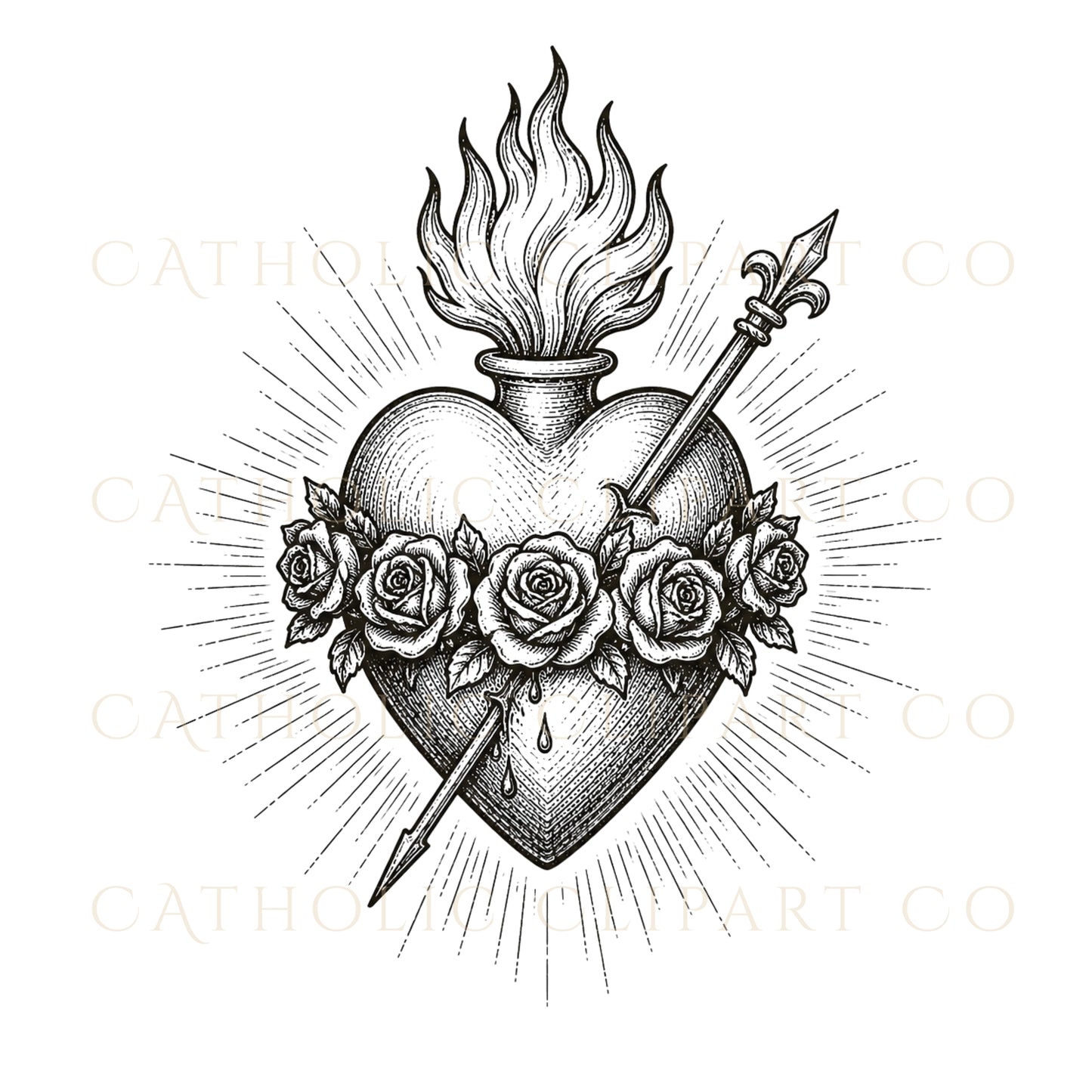 Sacred Heart Clipart PNG Bundle, Vintage Catholic Engravings, Religious Graphics, Commercial Use