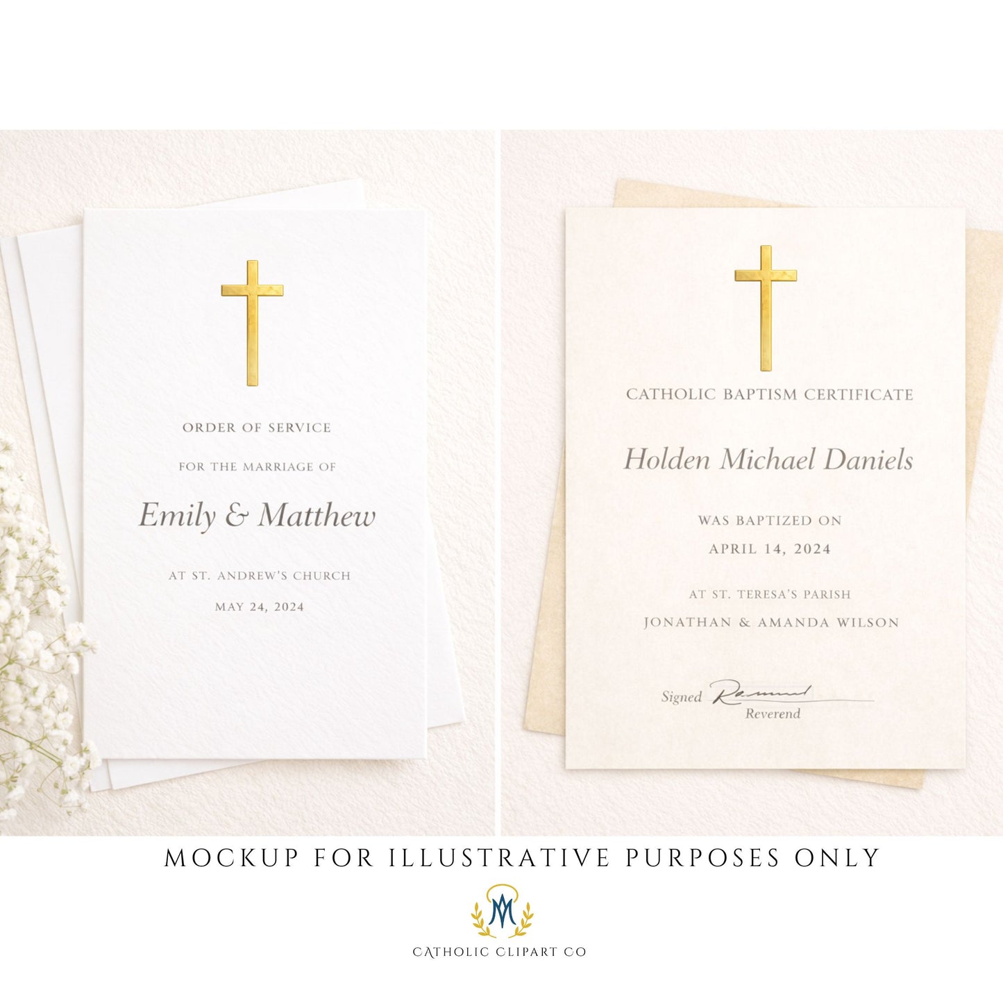 Catholic Watercolor Sacraments Clipart | Baptism First Communion Confirmation Wedding | Gold Religious PNG for Commercial Use