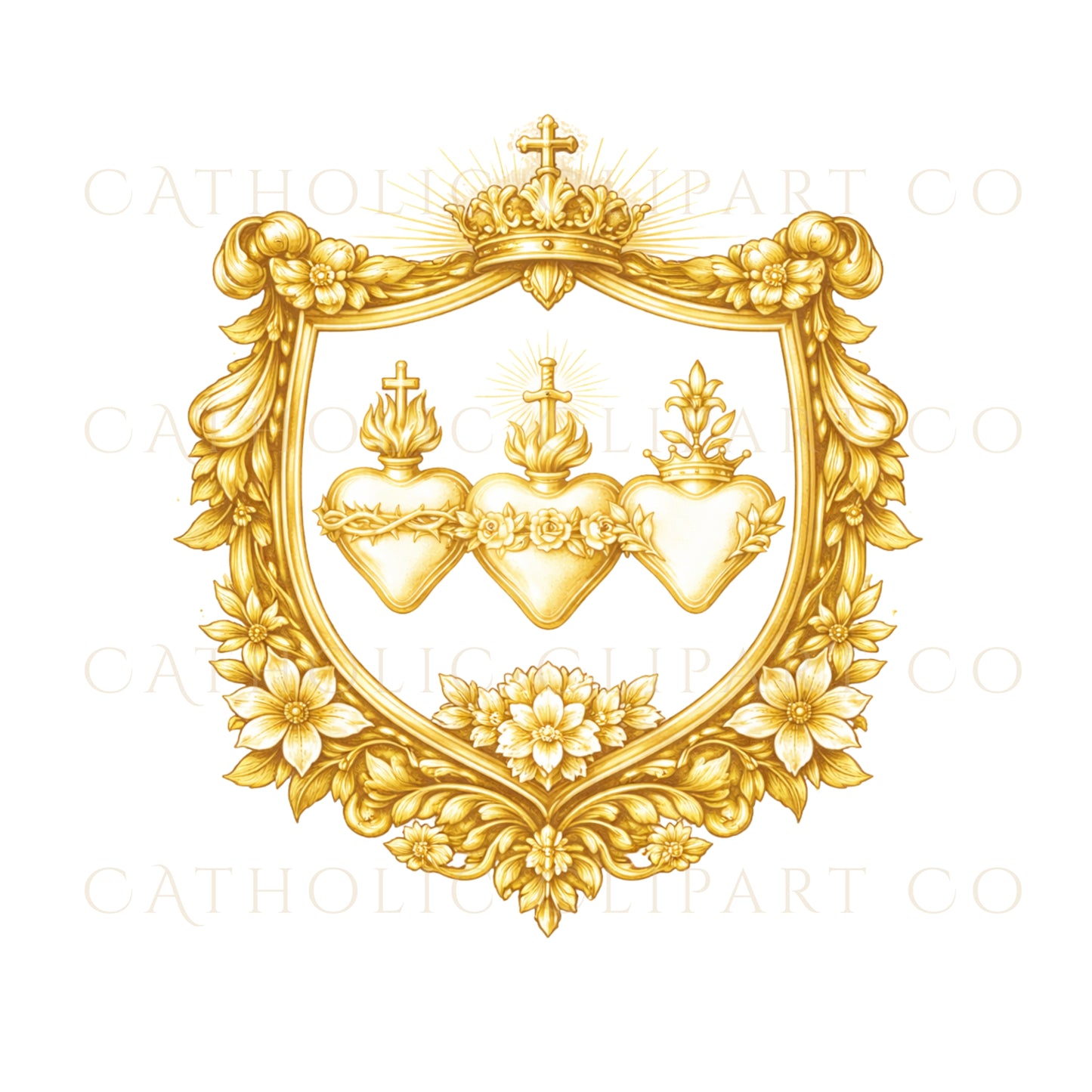 Sacred Hearts of Jesus Mary Joseph Clipart PNG | Gold Catholic Crest Designs for Wedding Invitations & Parish Logos