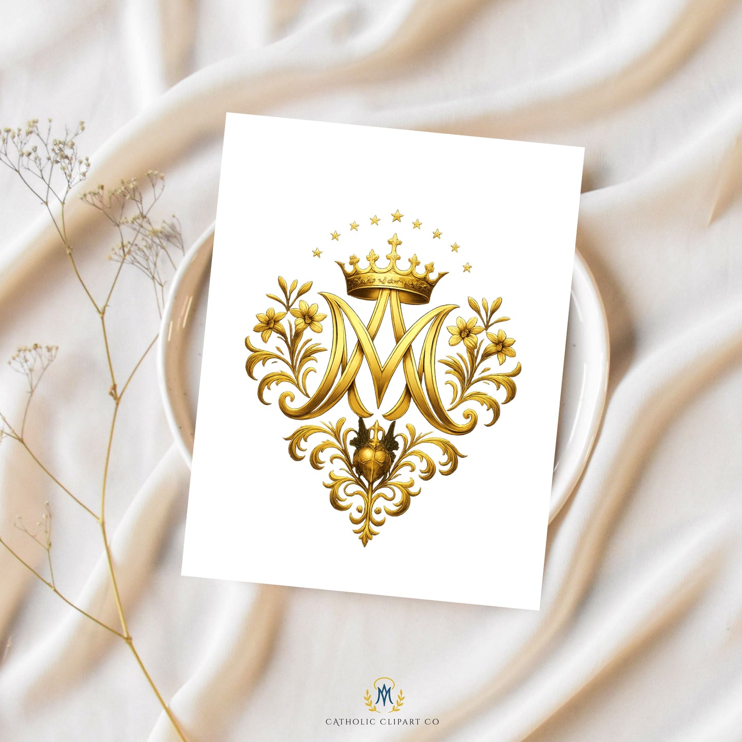 Auspice of Mary gold emblem with crowned Marian monogram and sacred details
