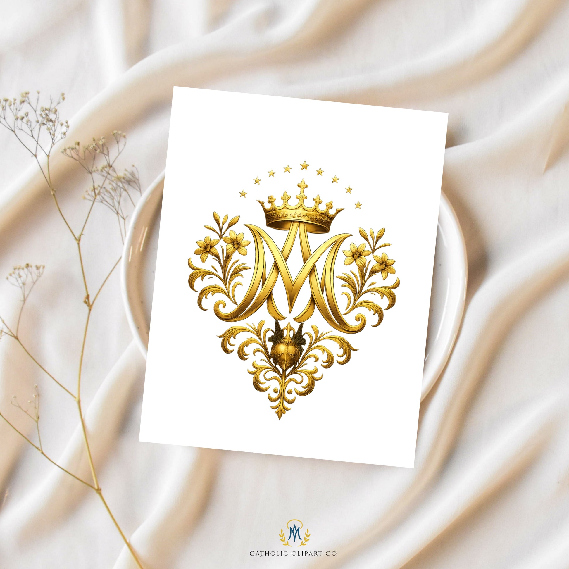 Auspice of Mary gold emblem with crowned Marian monogram and sacred details
