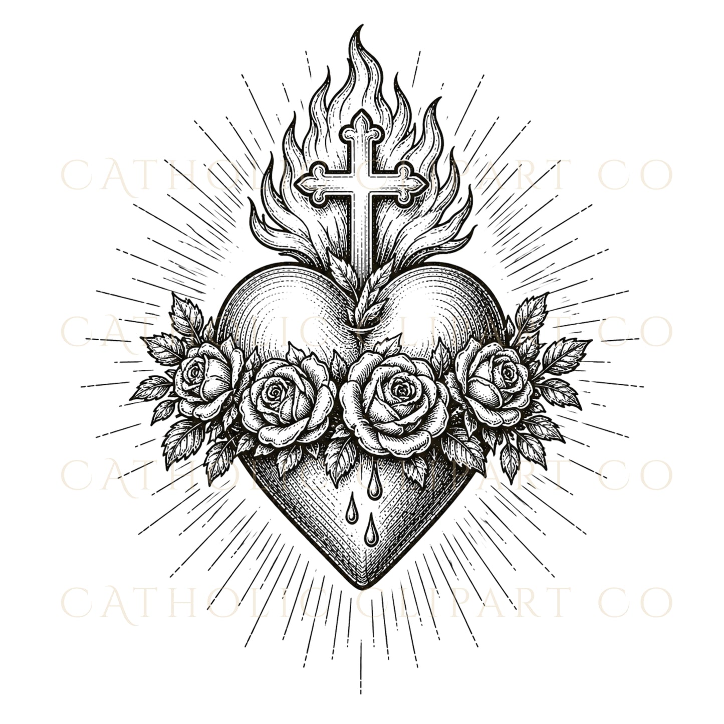 Sacred Heart Clipart PNG Bundle, Vintage Catholic Engravings, Religious Graphics, Commercial Use