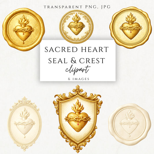 Sacred Heart gold crest clipart PNG with Catholic wax seal design – Escudo dorado del Sagrado Corazón con sello de cera católico