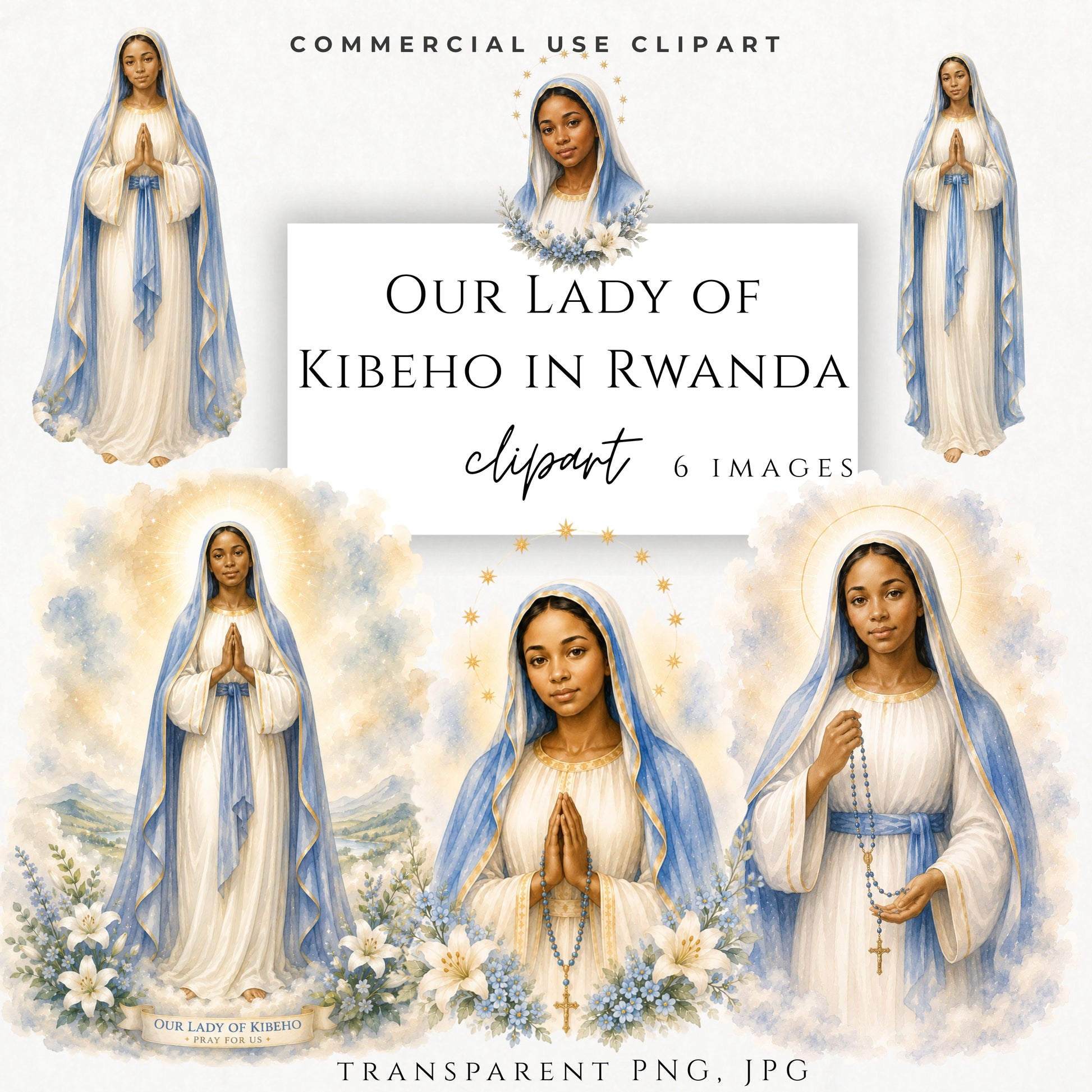 Our Lady of Kibeho watercolor clipart with blue veil and prayer pose