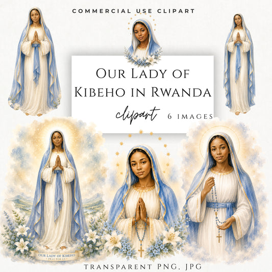 Our Lady of Kibeho watercolor clipart with blue veil and prayer pose