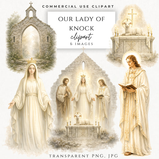 Our Lady of Knock clipart bundle with Marian apparition scene and Catholic PNG illustrations