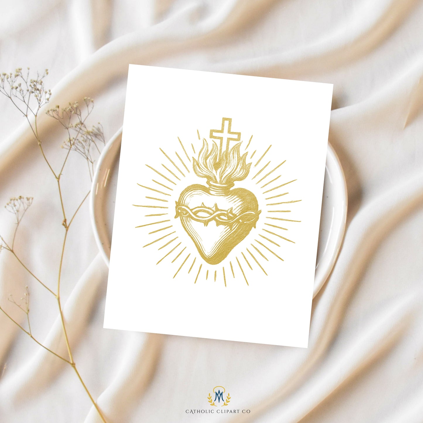 Sacred Heart of Jesus Clipart IHS Catholic Vintage Gold Sepia Religious Art PNG JPG Christian Sacred Heart Design