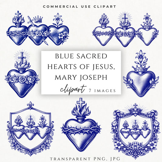 Blue Sacred Hearts clipart bundle with Jesus Mary Joseph hearts / Bundle de clipart azul de los Sagrados Corazones de Jesús María y José