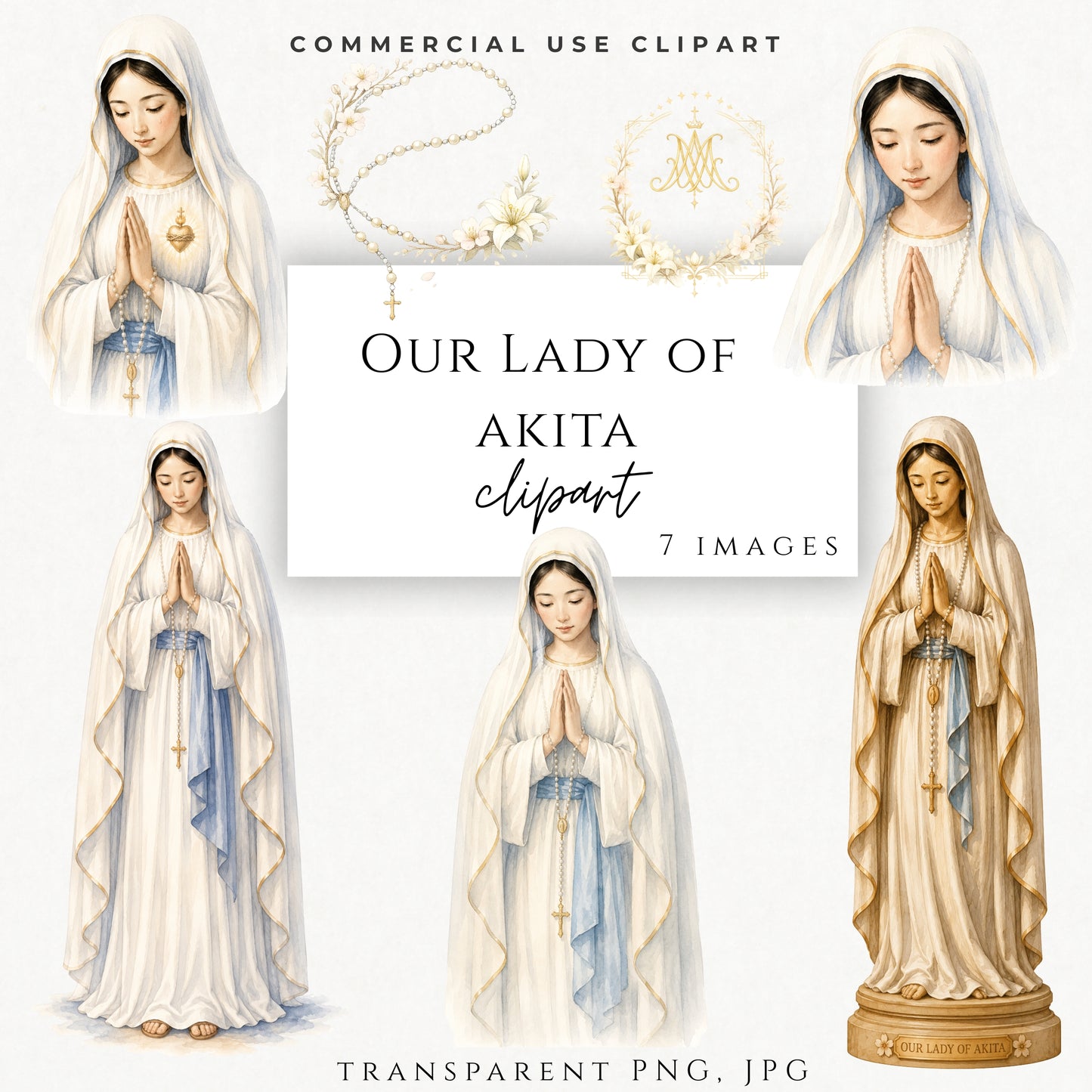 Our Lady of Akita watercolor clipart in prayer with glowing Sacred Heart 