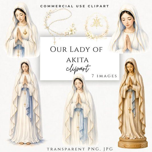 Our Lady of Akita watercolor clipart in prayer with glowing Sacred Heart 